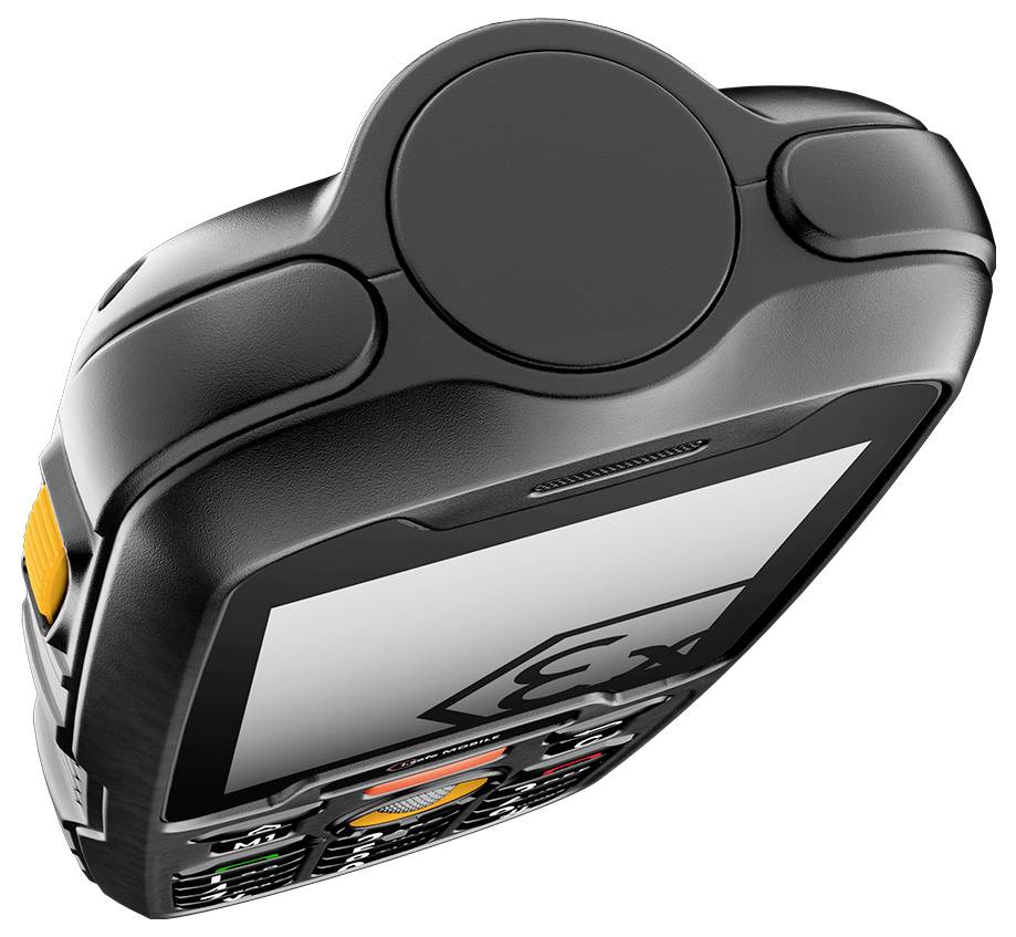 A black handheld device with a large screen displaying a symbol, curved edges, and various buttons.