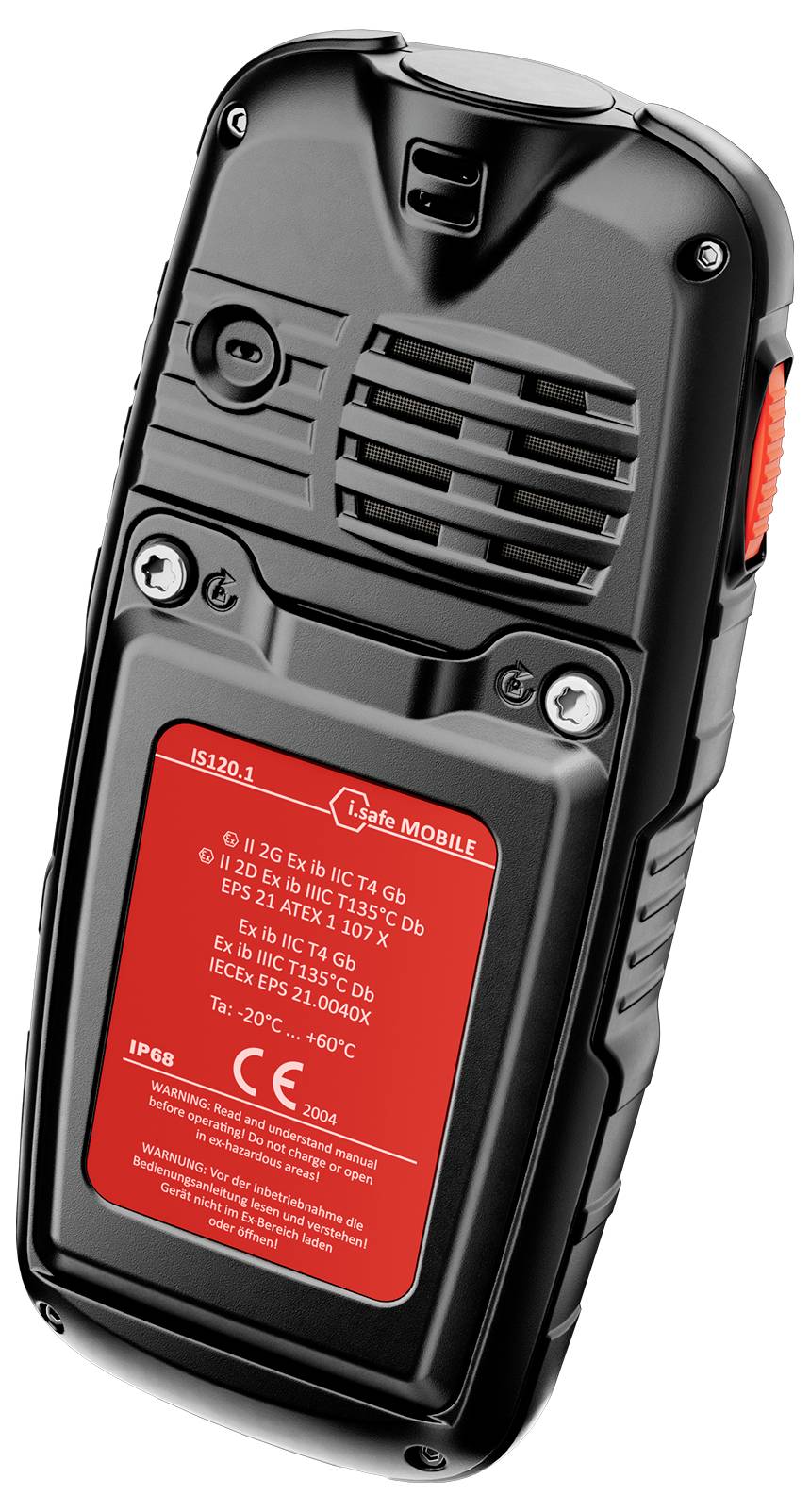 The image shows the back of a rugged, industrial mobile device with a red label containing safety and compliance information.