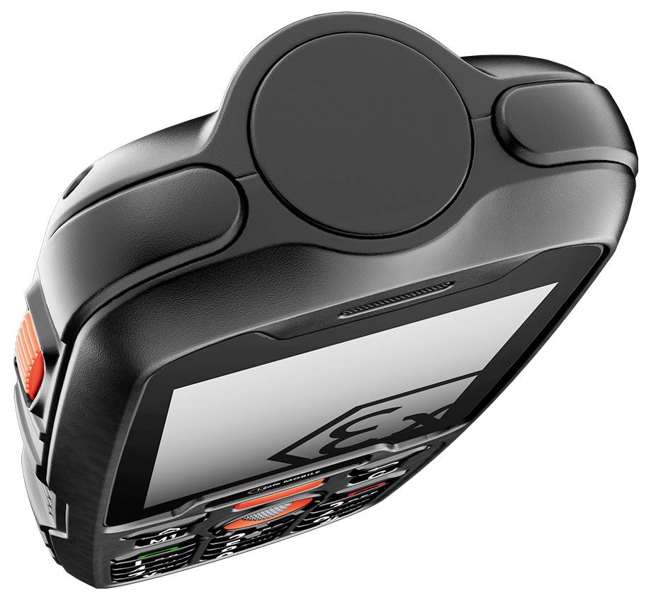 A black handheld device with a screen and keypad, featuring a power button on the side and angled design for ergonomic use.