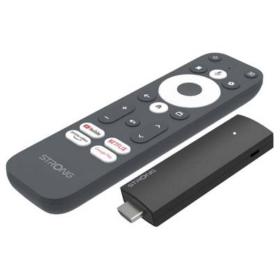 'Streaming device and remote with buttons for popular apps like YouTube and Netflix, showcasing compatibility with smart TV features.'