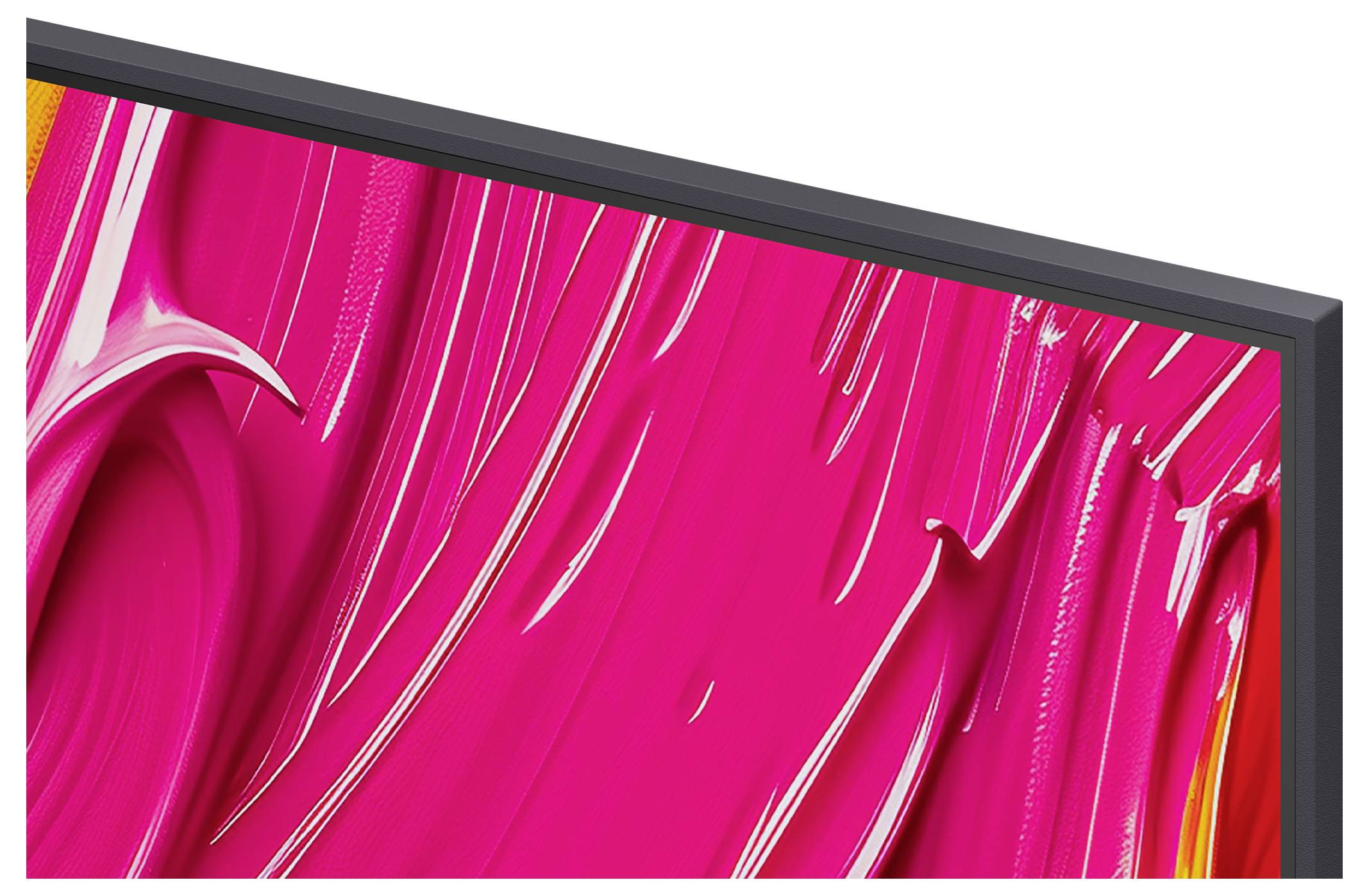 A vibrant pink and orange abstract painting on a rectangular canvas, featuring bold, flowing brushstrokes.