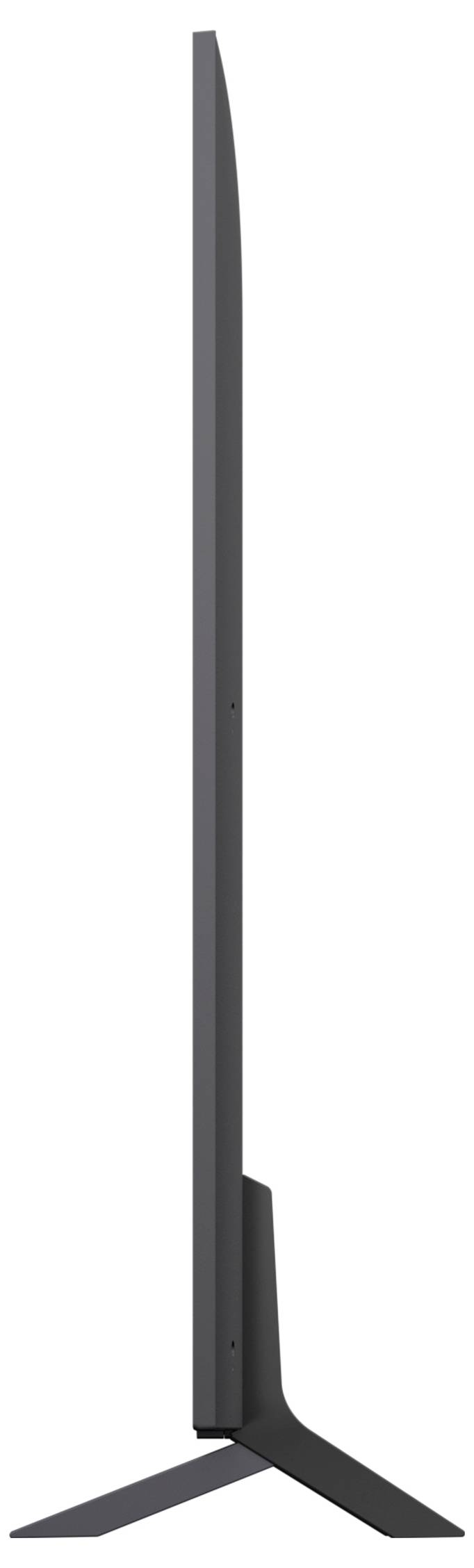 Side view of a slim flat-screen TV, showcasing its thin profile, with a stand supporting the screen.