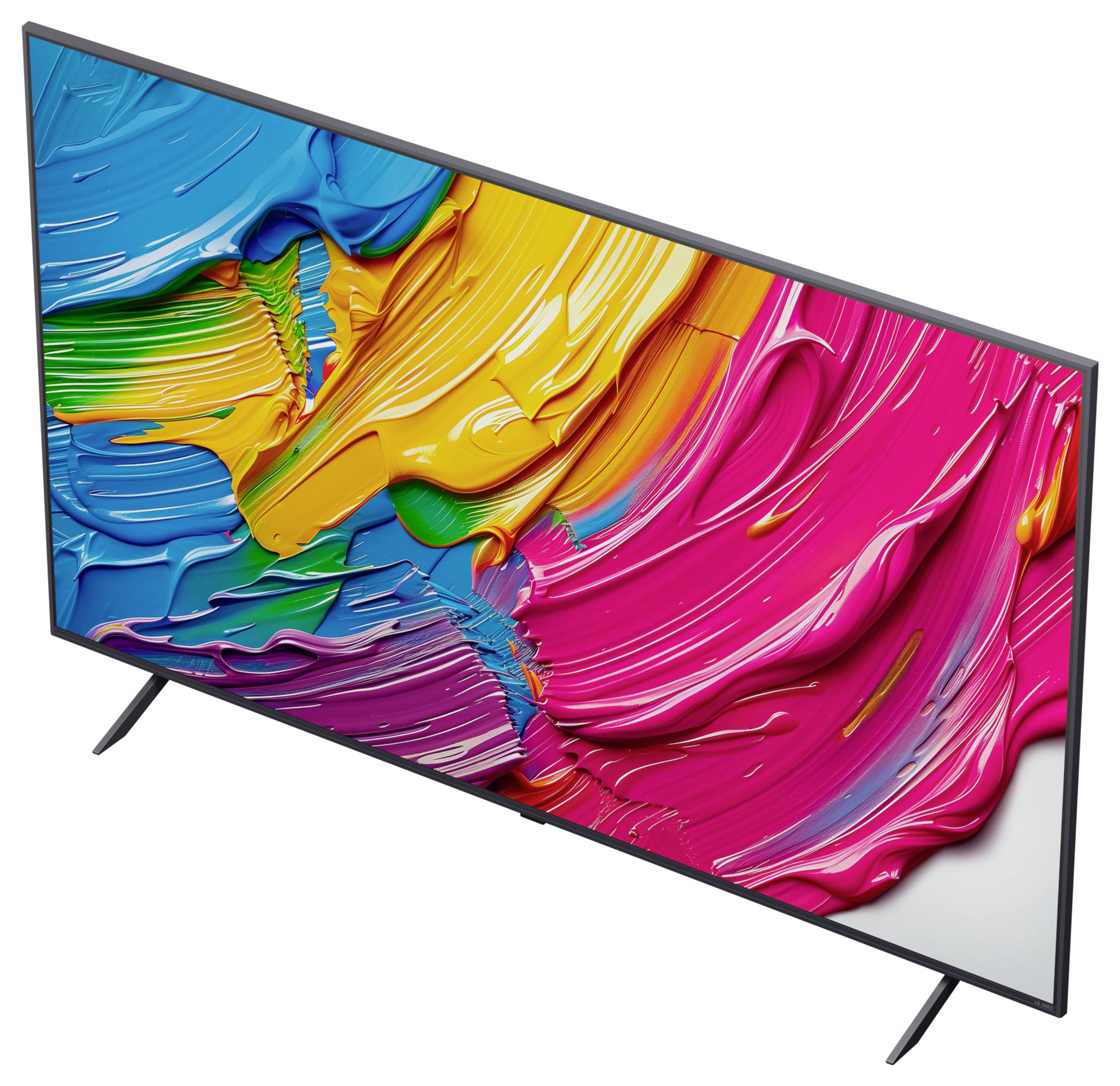 A modern, flat-screen television displaying vibrant, multicolored abstract paint strokes, viewed at an angle.