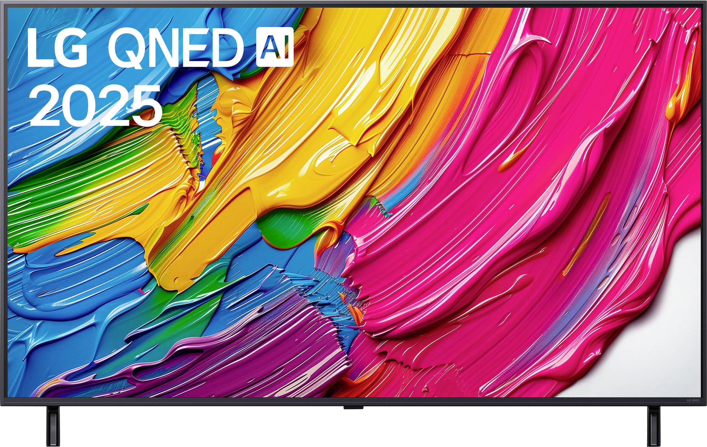 A vibrant television with colorful paint strokes displayed on its screen, labeled 'LG QNED Ai 2025' in the top left corner.