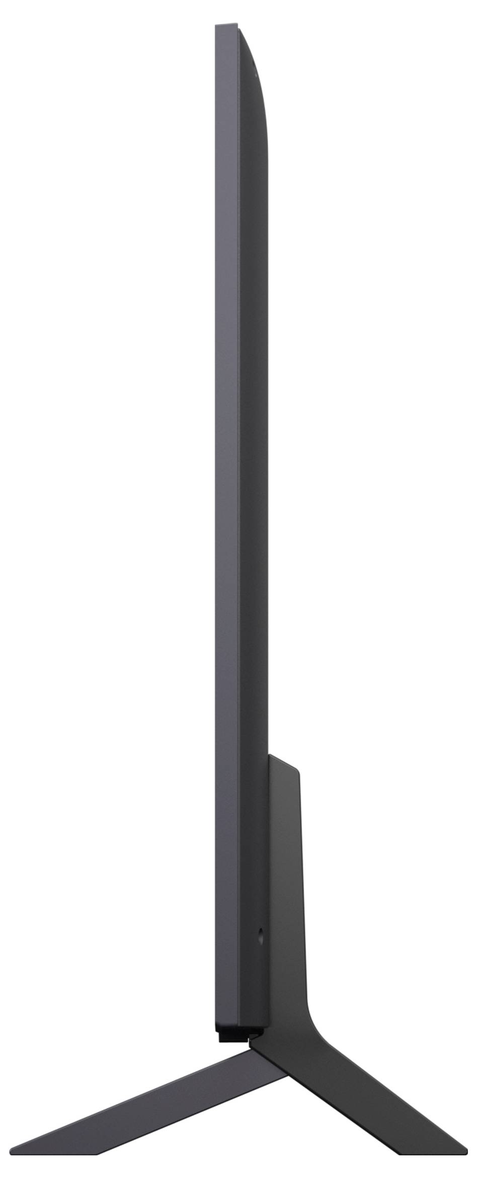 Side profile of a thin, modern flat-screen TV on a stand, highlighting the sleek and minimalist design.