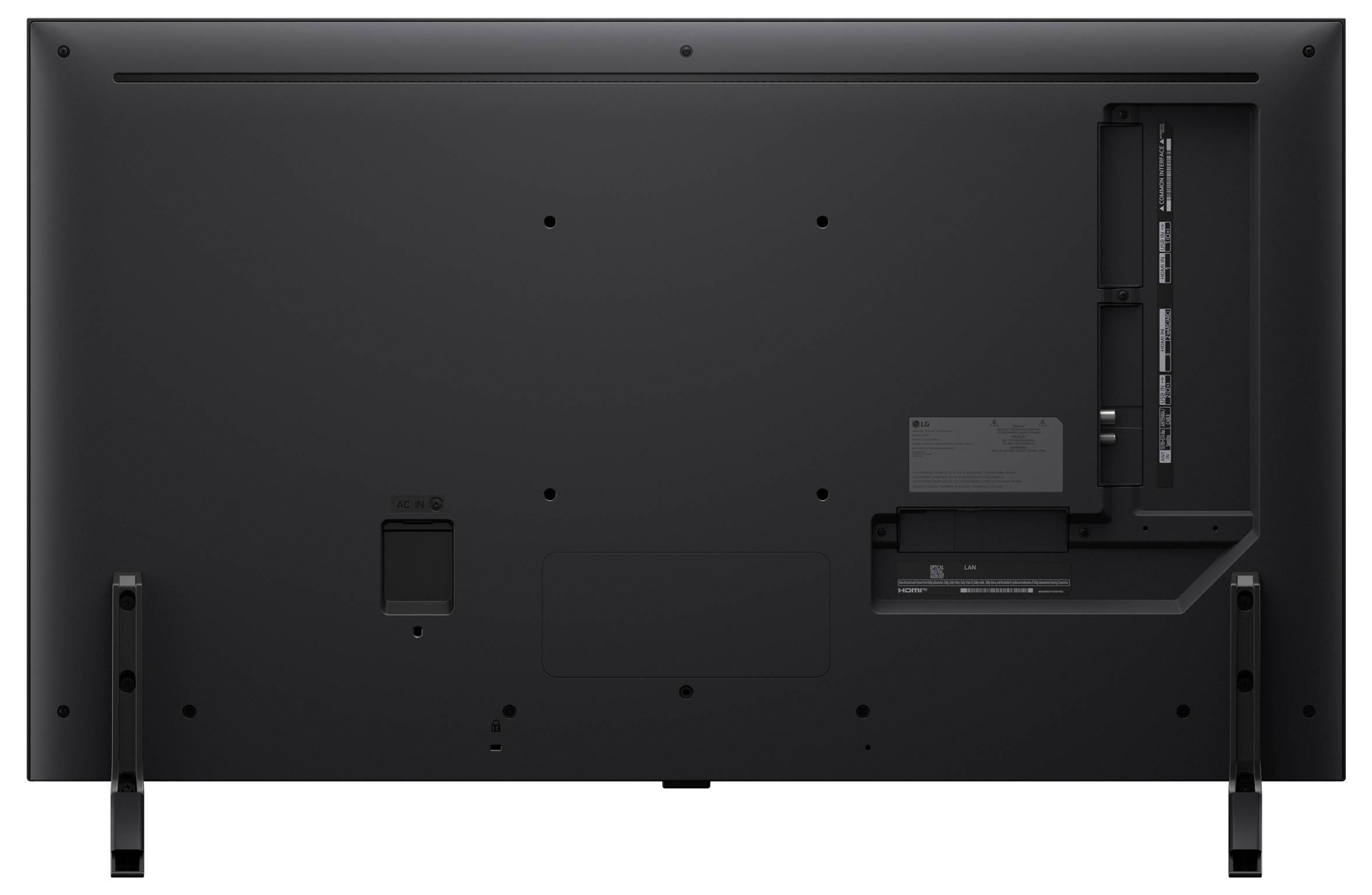 The image shows the back view of a flat-screen TV with mounting brackets on either side and a visible input panel.