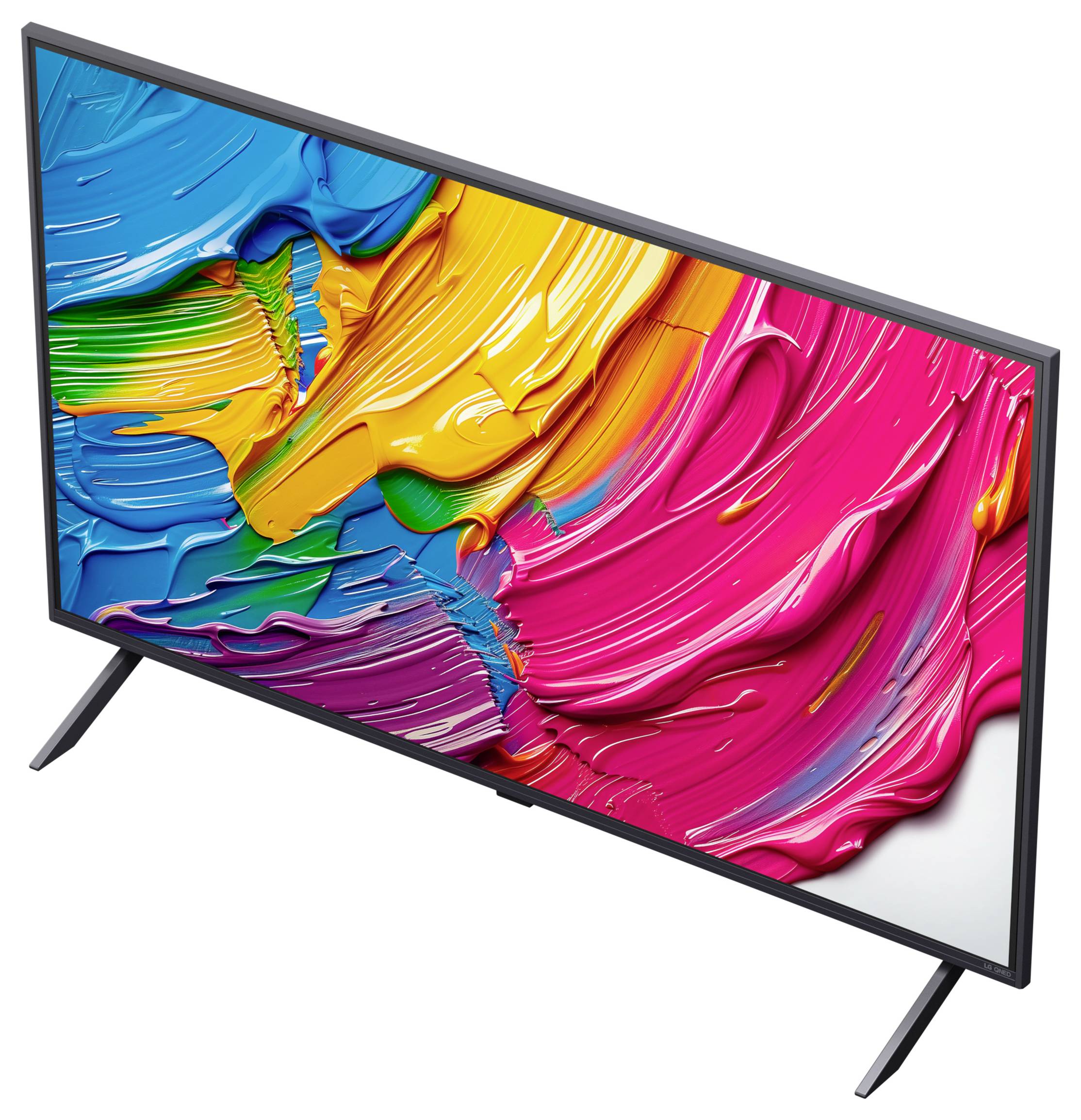 A modern flatscreen TV displaying a vivid abstract painting with bright colors, including blue, yellow, green, and pink brushstrokes.