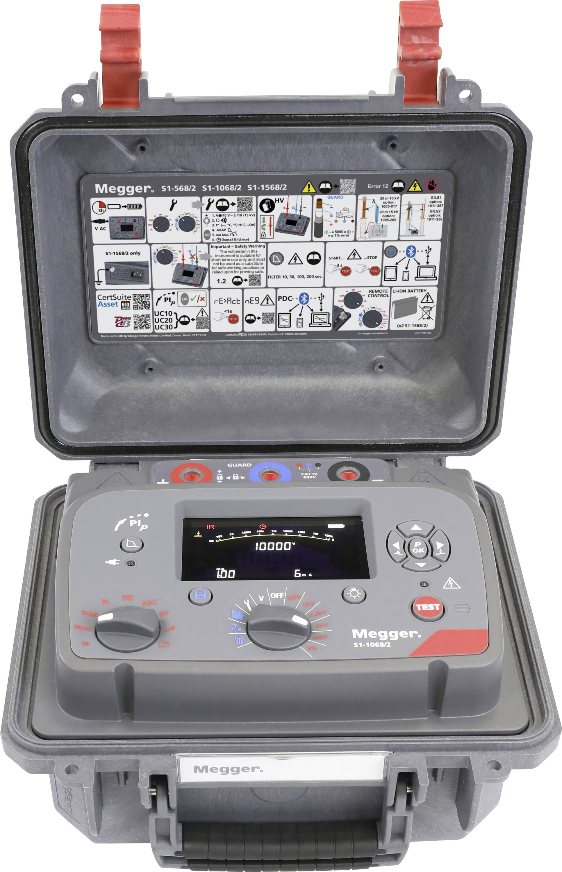 'Portable electrical testing device inside a case, displaying measurements on a digital screen with various controls and indicators.'