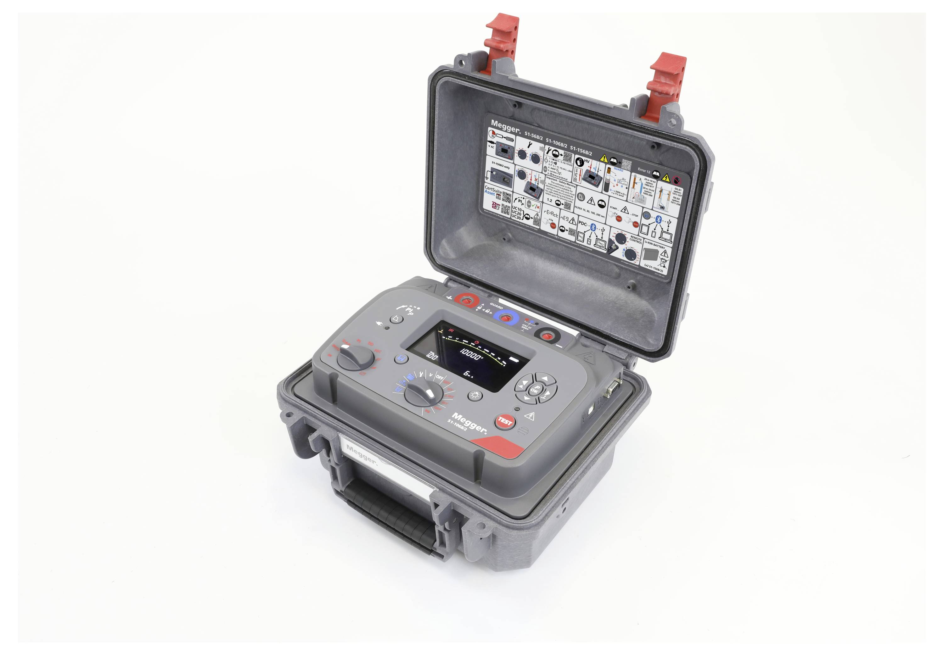 A portable electronic device with a screen displaying 'VAP-<br>4K/1' and control buttons, housed in an open grey waterproof case.