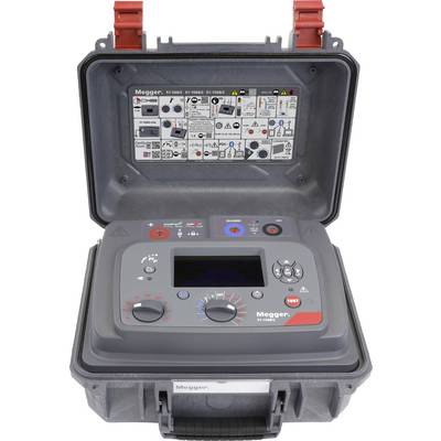 'Megger PI-1550' portable insulation resistance tester in a protective case, displaying controls, indicators, and safety instructions.