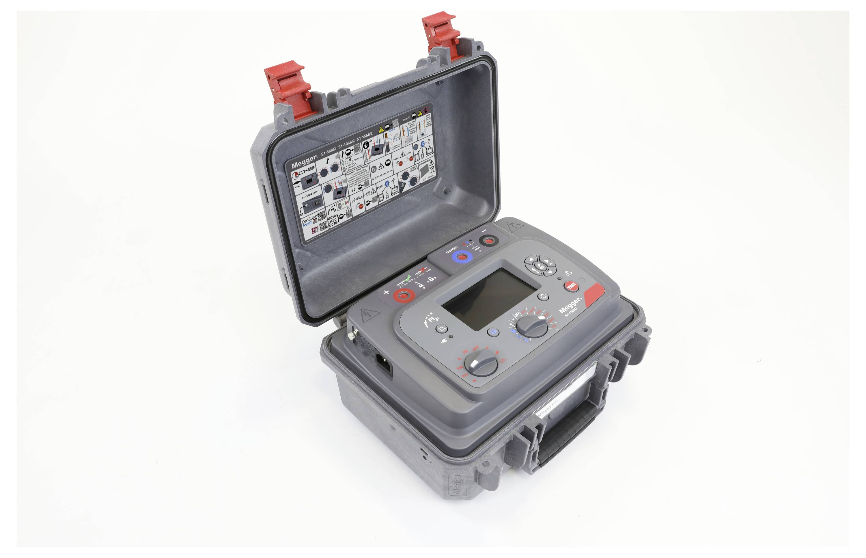An open, portable electronic device with a display and buttons, presumably for measurement or testing, housed in a rugged protective case.