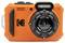 Orange waterproof camera with a '15M/50FT' depth capability, featuring a wide-angle PIXPRO lens and a rugged design for outdoor use.
