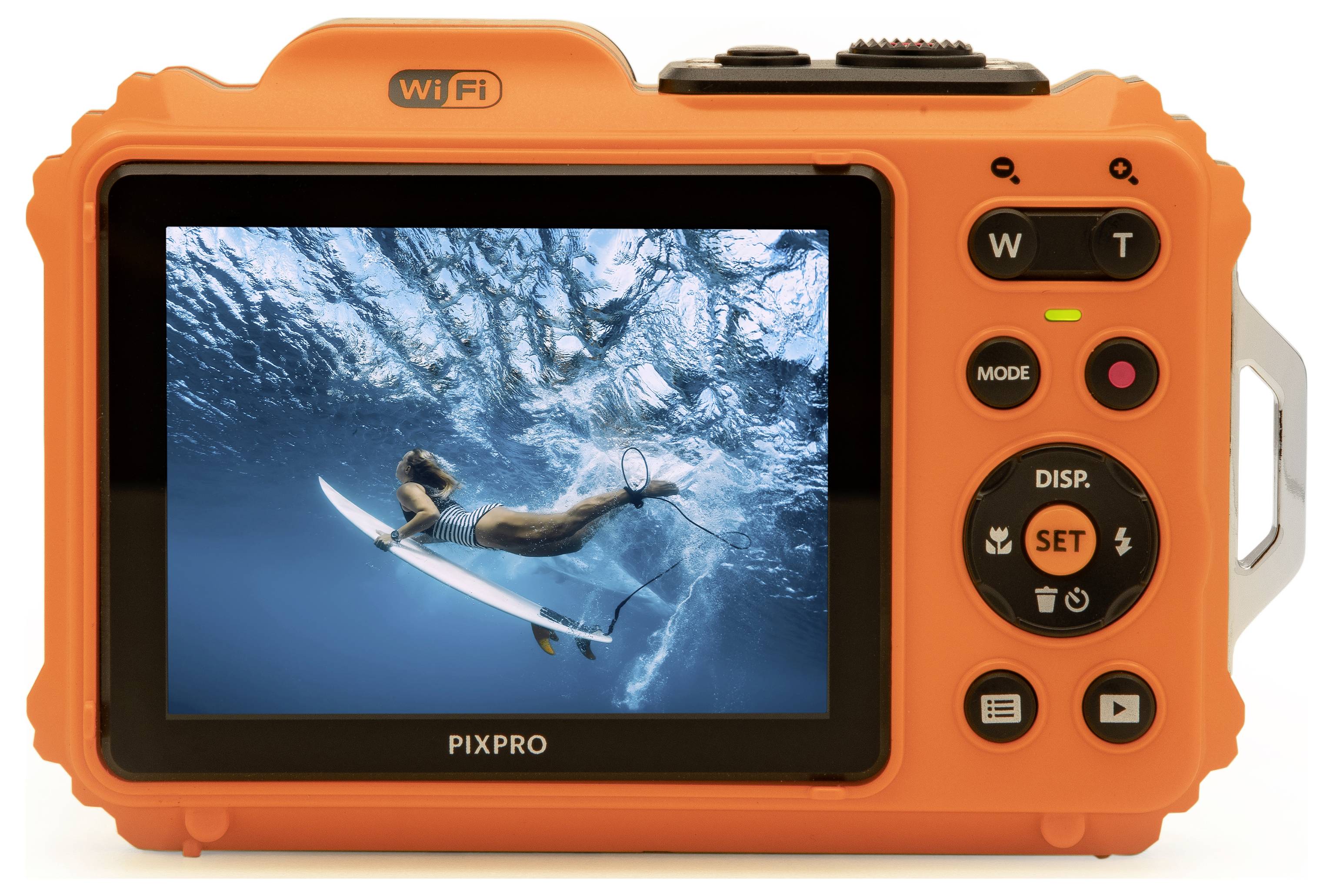 An orange digital camera displays an image of a person surfing underwater on its screen.