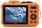 An orange digital camera displays an image of a person surfing underwater on its screen.