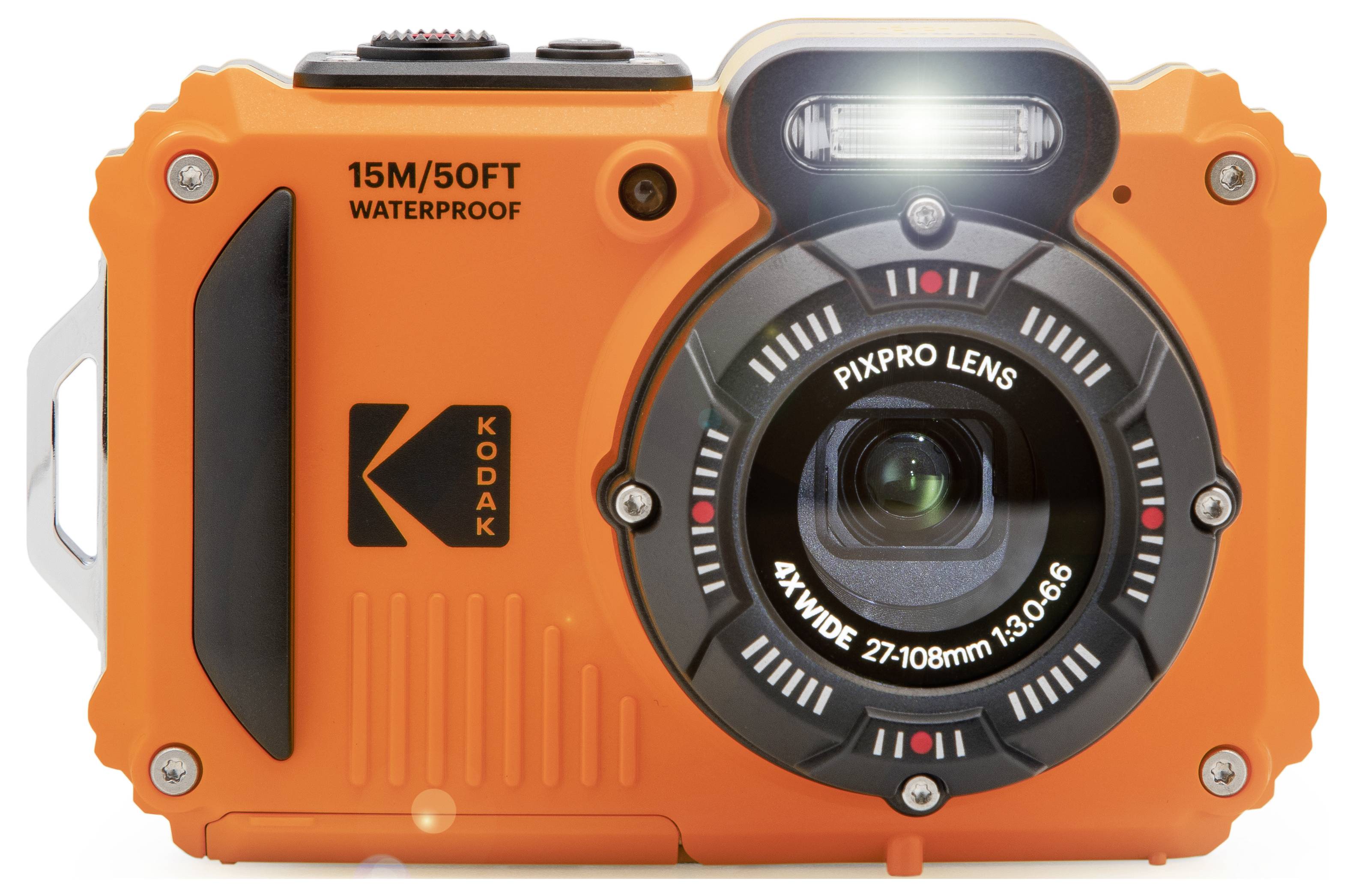 An orange waterproof camera with a 'PIXPRO LENS', suitable for underwater photography up to 15 meters or 50 feet deep.