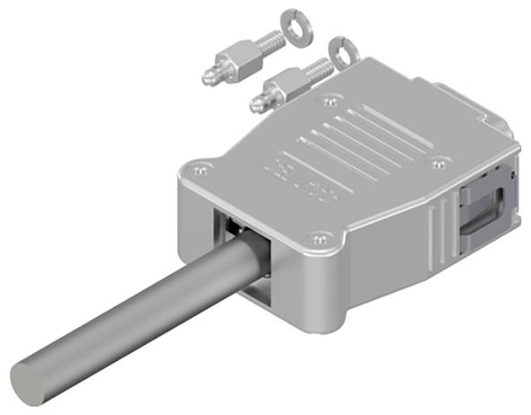 A silver connector with a cylindrical rod and two screws, likely used for electrical or mechanical assembly.