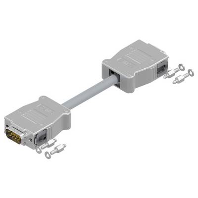 A silver D-sub connector with a short grey cable and accompanying screws, used primarily for transmitting data signals between devices.
