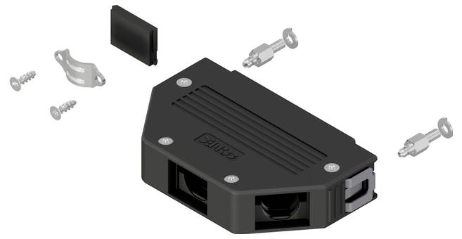 An exploded view of a black rectangular connector casing with mounting hardware and screws, showing assembly components and design.