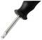 A close-up image of a metal flathead screwdriver with a black handle, angled downward, often used for tightening or loosening screws.