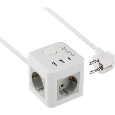 A white cube-shaped power strip with two USB ports, an on/off switch, and multiple plug sockets, connected to a European-style plug.