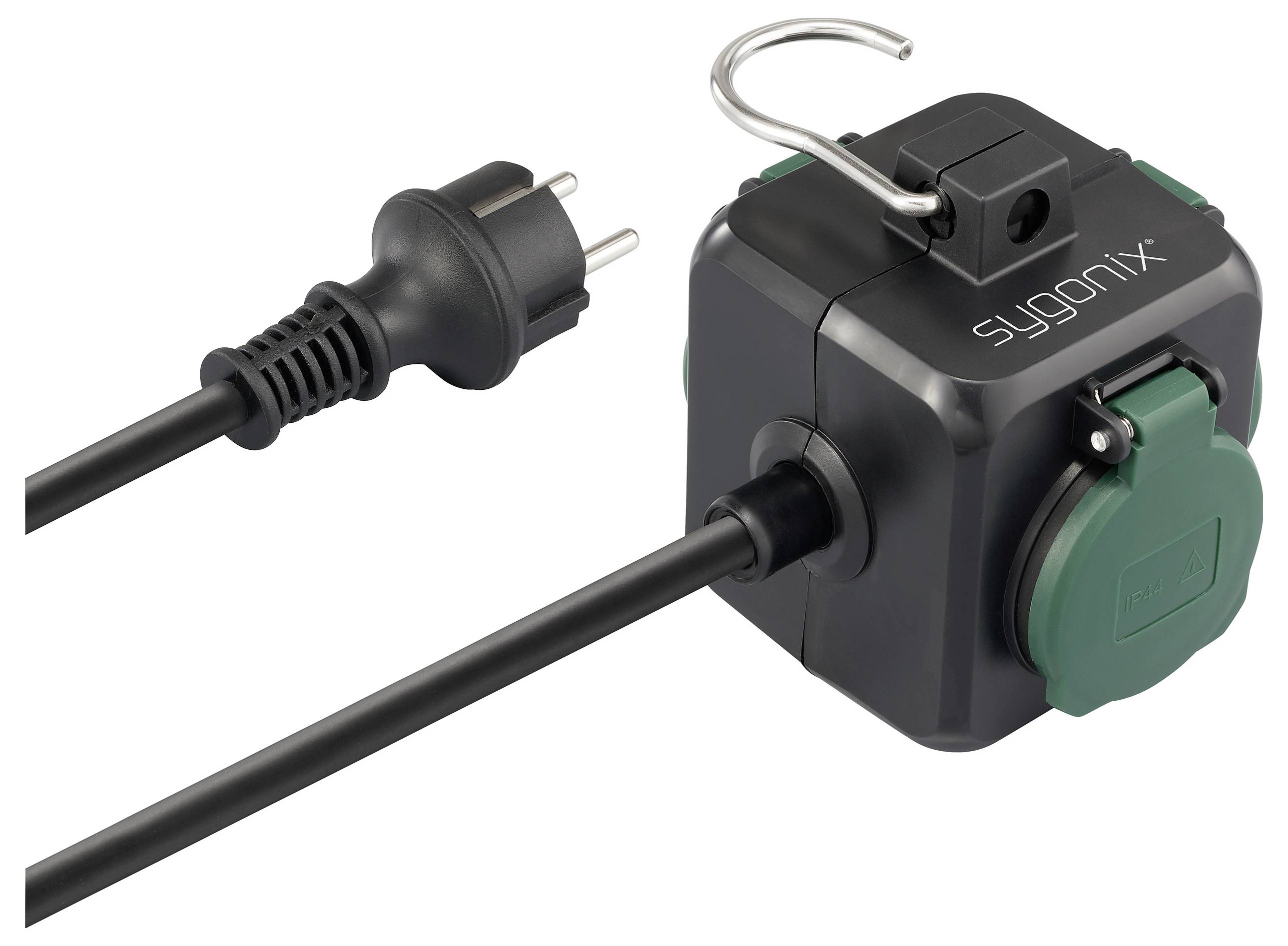 'A black Sygonix power strip with two green outlets and a European plug, featuring a hanging hook for convenient placement.'