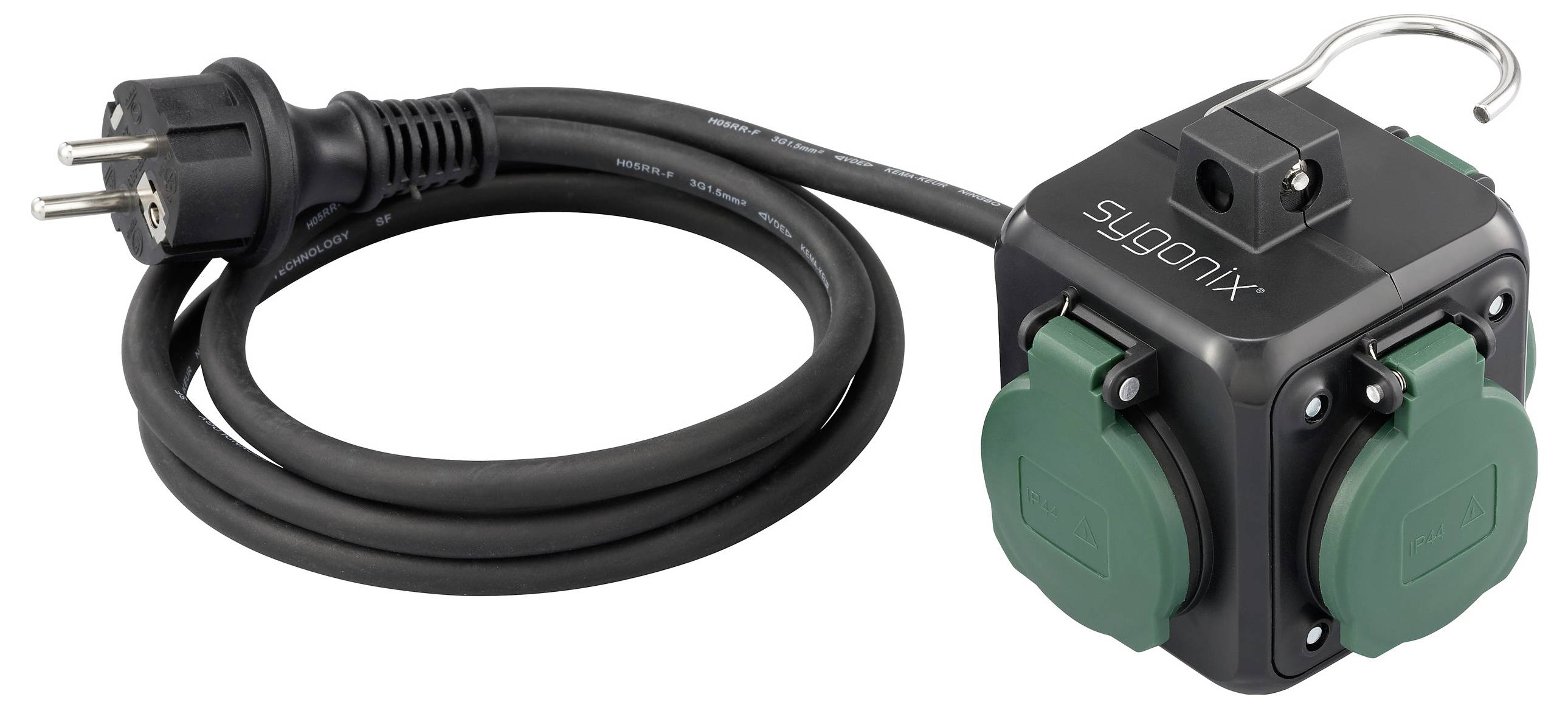 A black and green outdoor power extension hub with multiple sockets and a curved hanging hook. The brand name 'Sygonix' is visible.