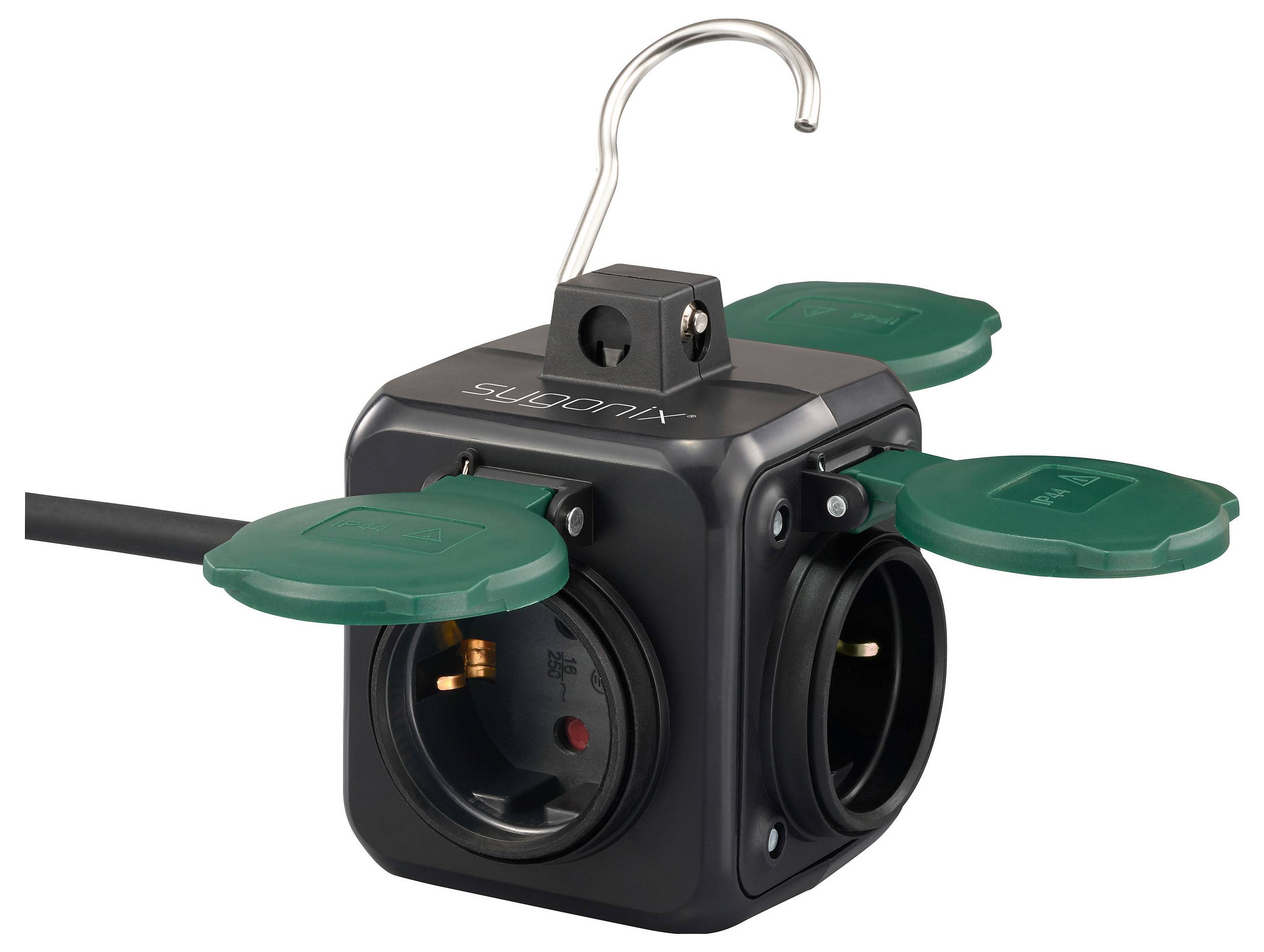 A black and green cube-shaped power outlet with three sockets, each covered by a green flap. A hook is attached on top for hanging.