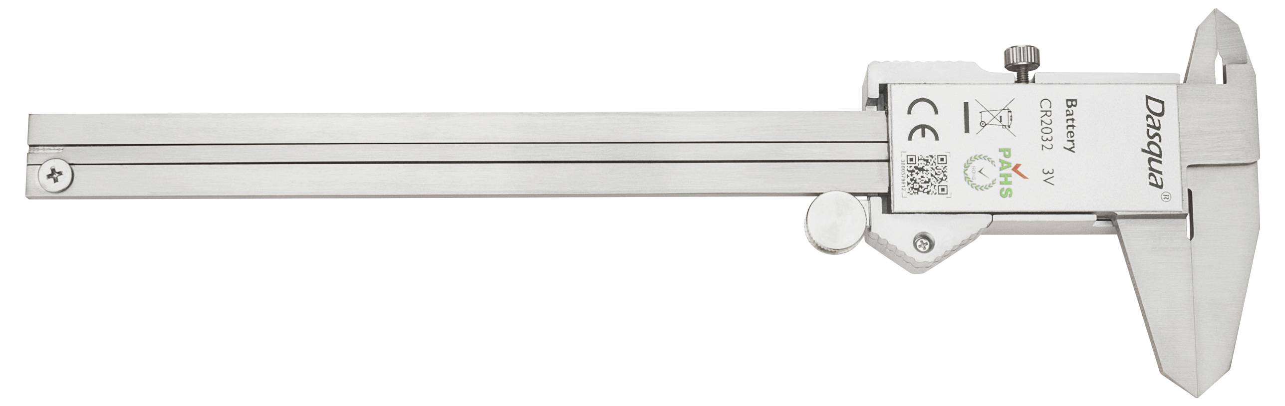 A silver digital caliper marked 'Dasqua', displaying measurements in millimeters, commonly used for precise dimensional measurements.