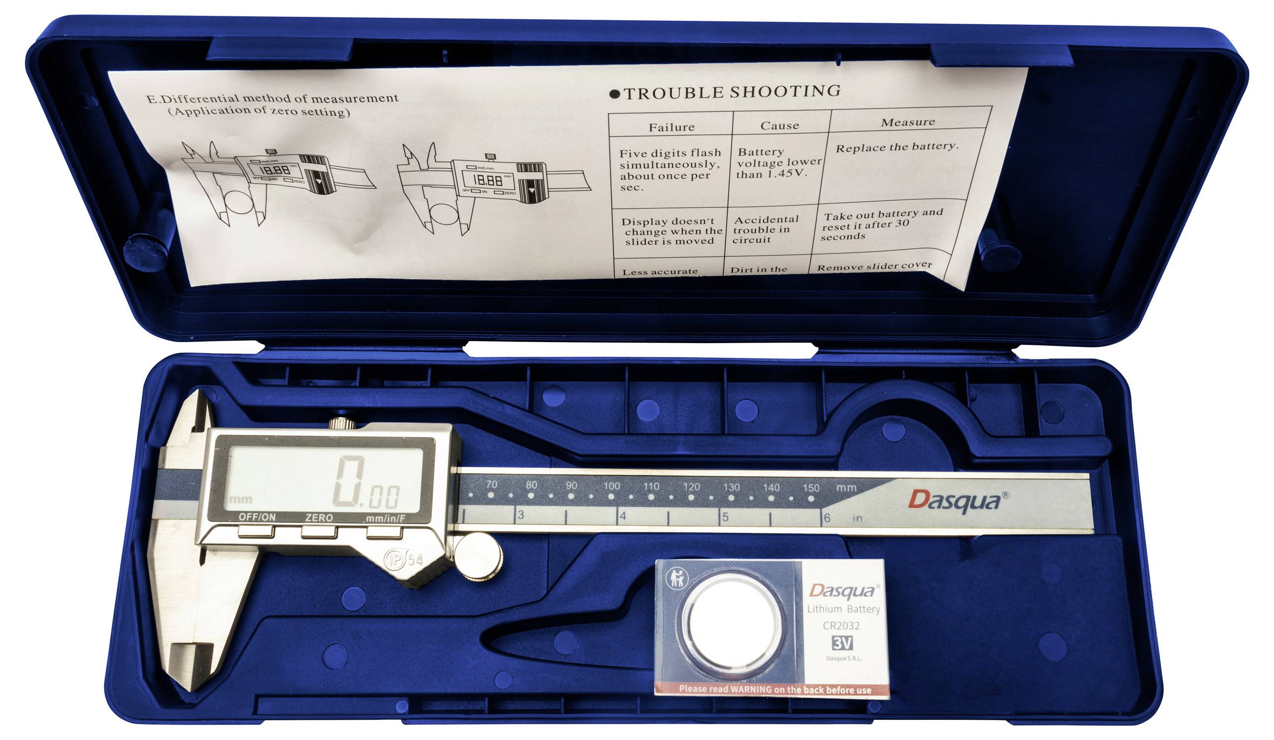 A digital caliper set in a blue case with a display reading '0.00'. Includes spare battery and instructional paper.