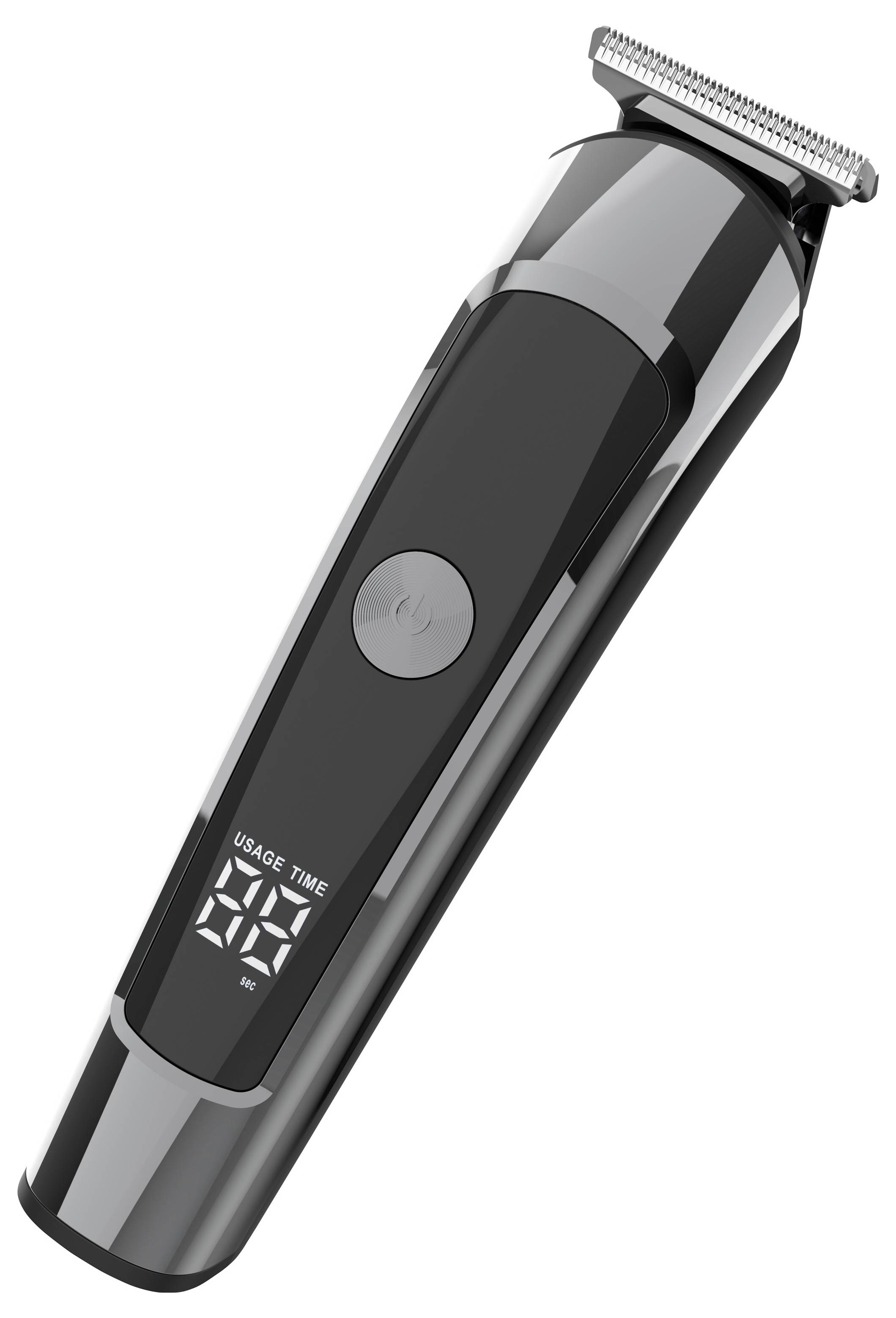 Black electric hair trimmer with a digital battery life display and silver cutting blade on a white background.
