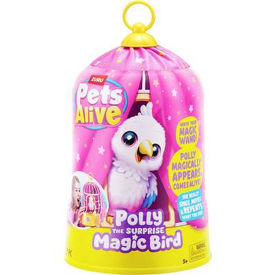 A pink package of 'Pets Alive' toy featuring 'Polly the Surprise Magic Bird'. Includes text and images promoting its interactive features.