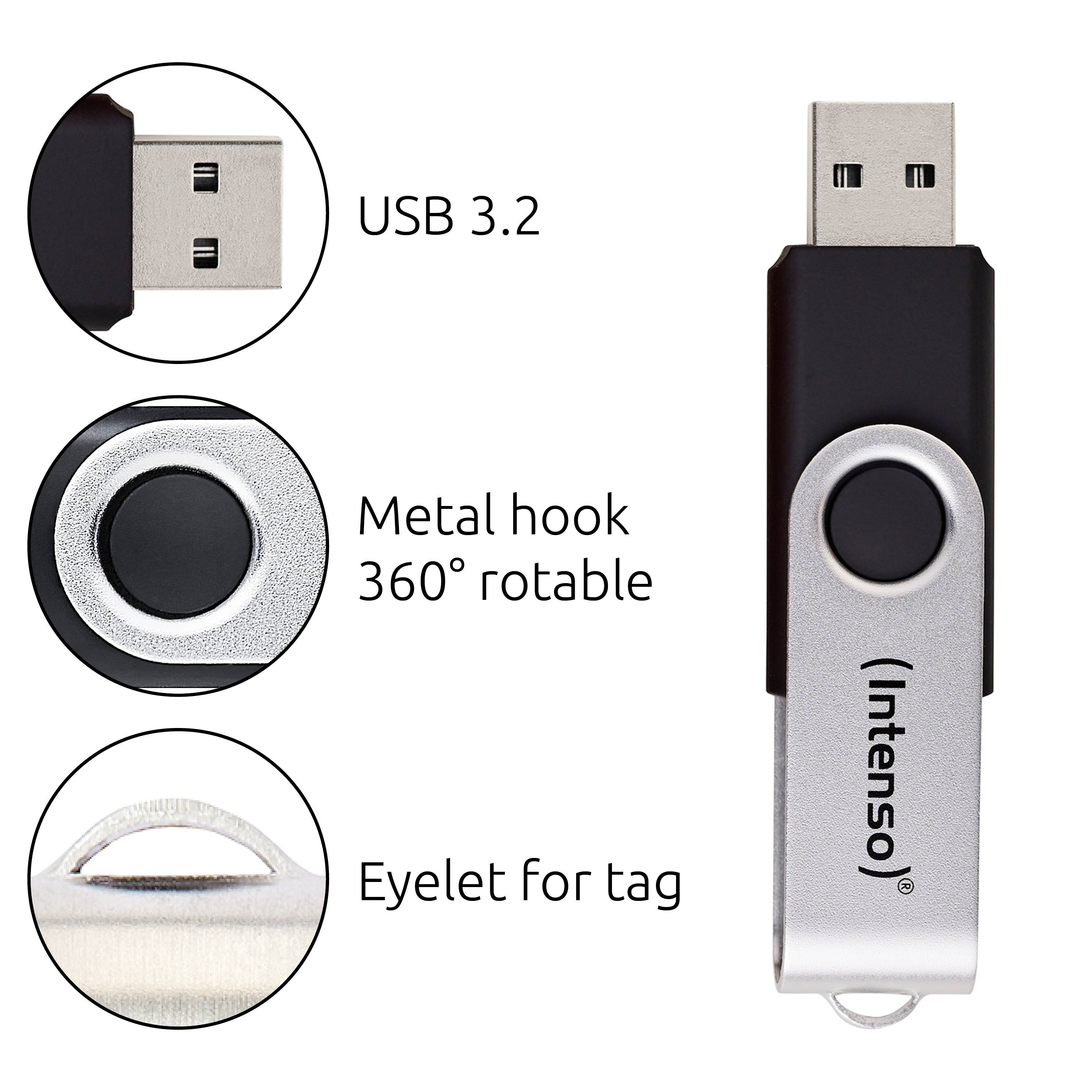 USB flash drive with rotatable metal hook, featuring 'USB 3.2' and 'Eyelet for tag'. Brand name 'Intenso' printed on the device.