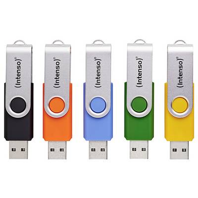 Five USB flash drives in black, orange, blue, green, and yellow, each with a silver swivel cover labeled 'Intenso'.