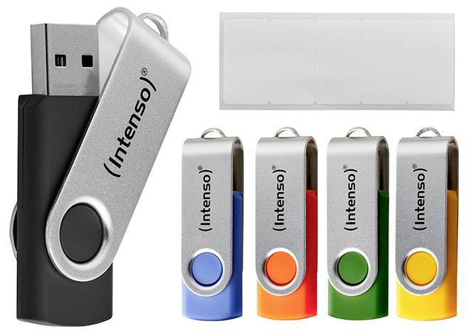 Five colorful USB flash drives, labeled 'Intenso,' with a swivel cover design. A white adhesive label sheet is shown alongside.
