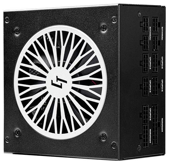 A black computer power supply unit with a large fan and multiple connection ports on the side labeled for various voltage outputs.