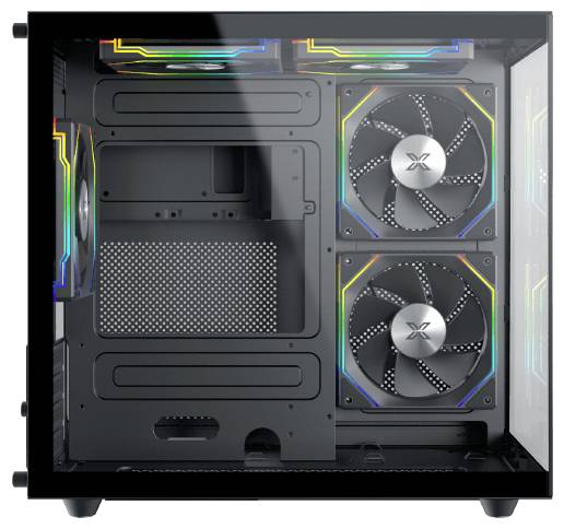 A black computer case with a transparent side panel. Inside are two RGB-lit fans and empty slots for components.