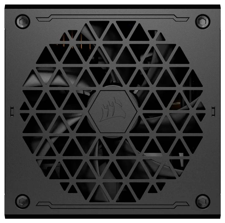 A black power supply unit with a hexagonal grille pattern; a fan is visible inside, featuring a logo at the center.