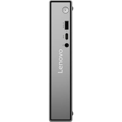 A compact Lenovo computer tower in a sleek design with two USB ports, a headphone jack, and a power button on the front panel.