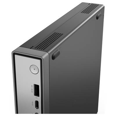 A sleek, compact desktop computer tower with USB ports and power button visible, designed for efficient space utilization.