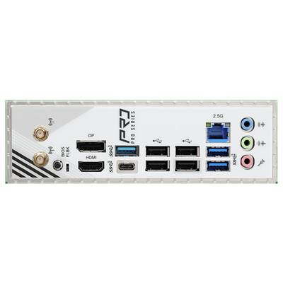 Back panel of a PC motherboard with multiple ports including USB, HDMI, Ethernet, and audio jacks labeled with symbols for connectivity.
