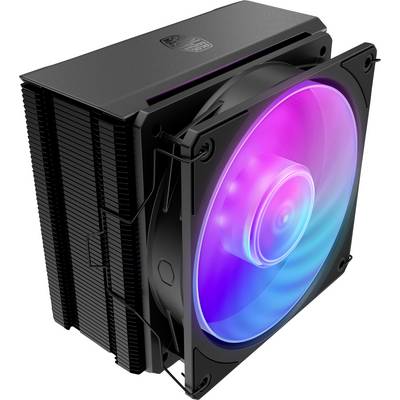 A computer CPU cooler with a large, vibrant RGB fan, showing multiple colors, attached to a black heat sink with vertical fins.
