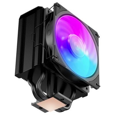 A computer CPU cooler with a large heat sink and an RGB-lit fan, designed for enhanced thermal management.