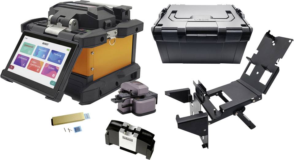 Fusion splicer kit with an open case, touchscreen, cable holder, and protective accessories used for fiber optic cable splicing.