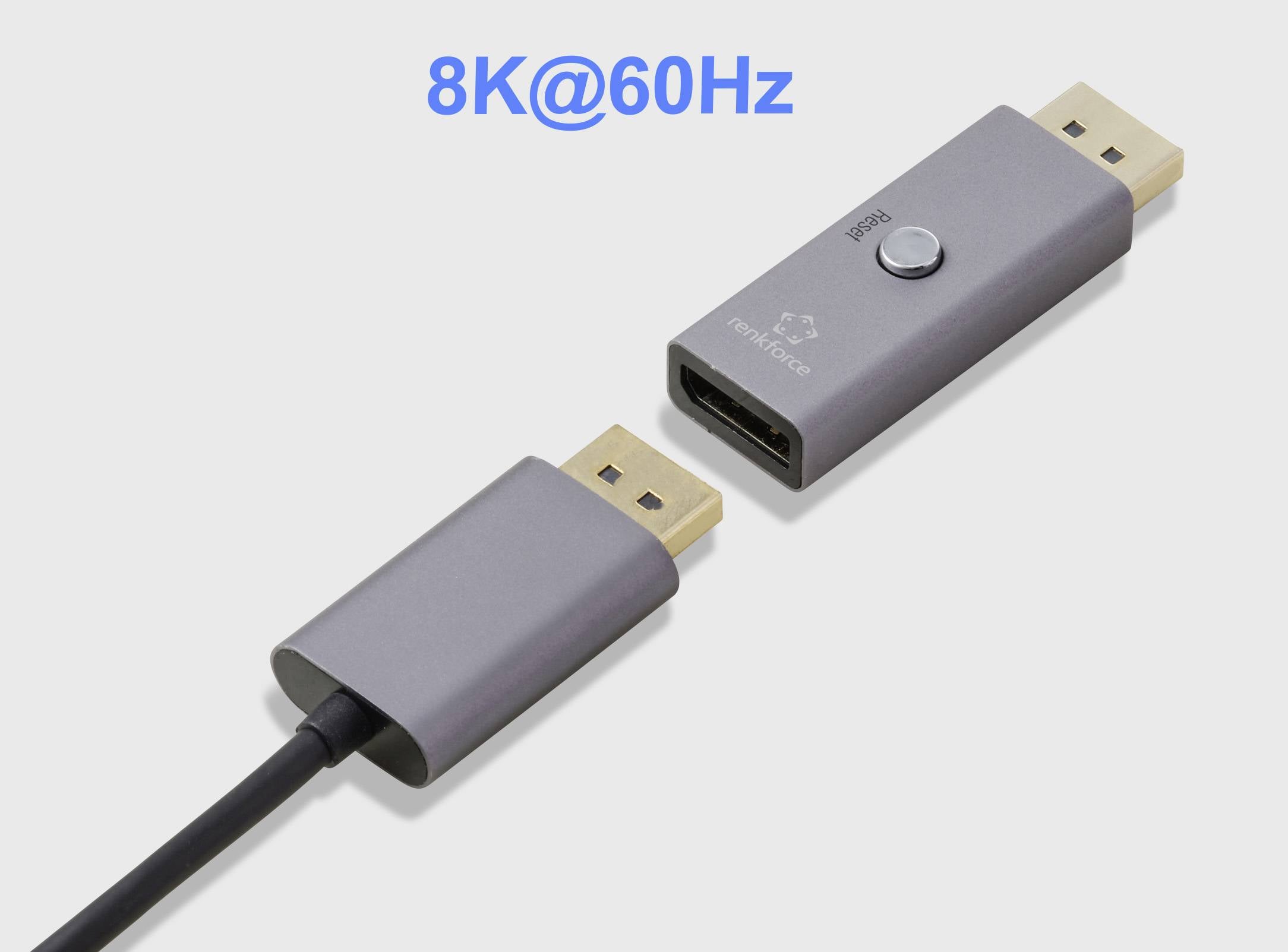 '8K@60Hz' text above image of two HDMI connectors, one showing a logo and button.