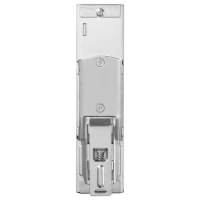 A modern, vertical metal hinge with visible screws and a rectangular base, typically used for cabinet doors.
