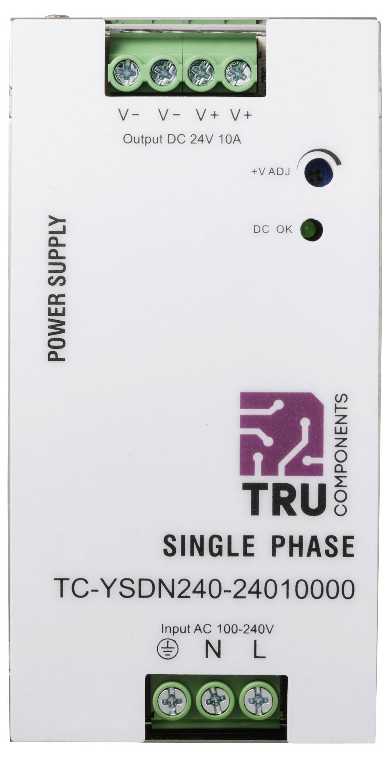Power supply unit labeled 'TRU Components', single phase, output DC 24V 10A, input AC 100-240V, has terminal blocks and adjustment dial.