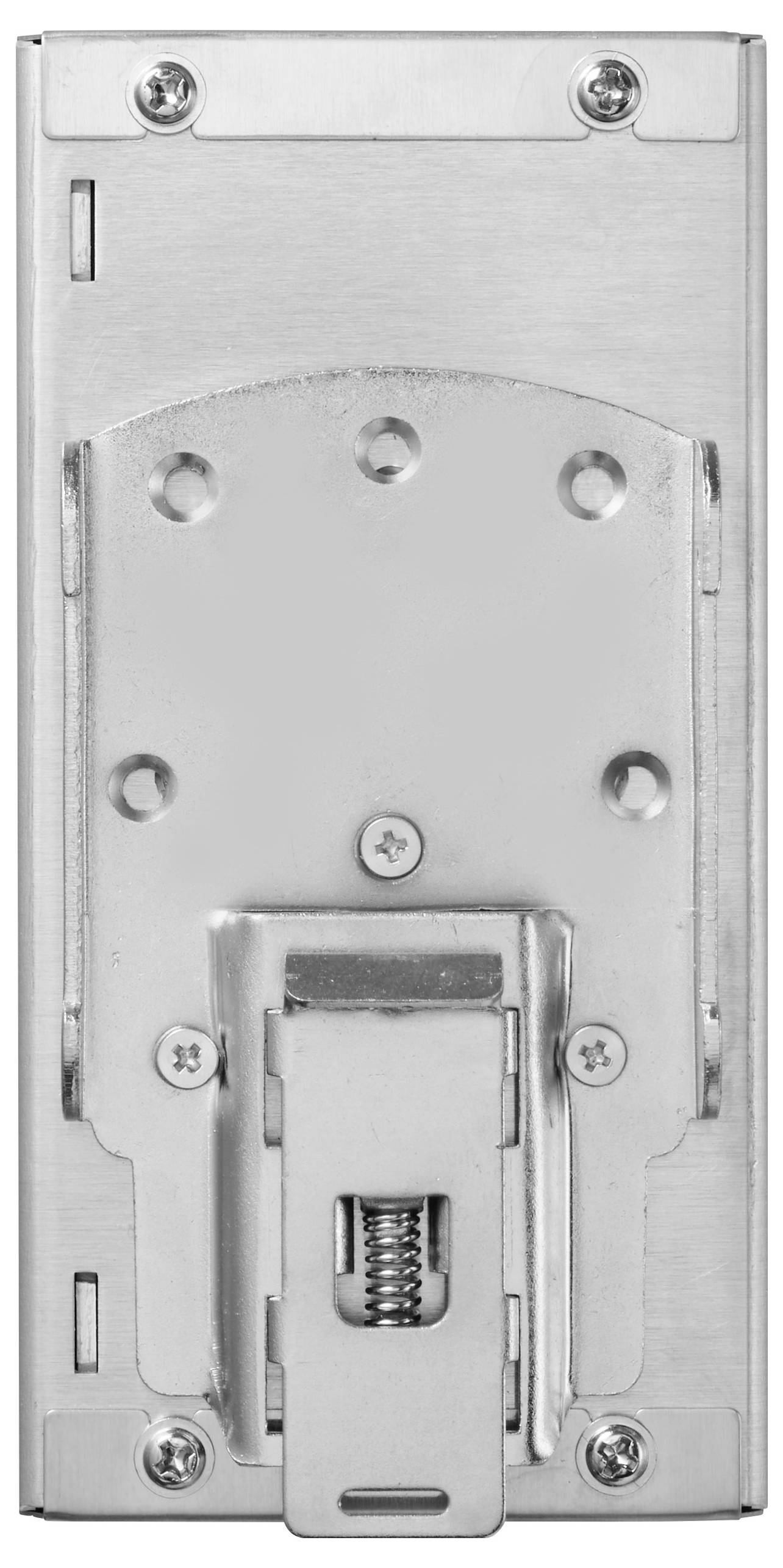 The image shows the back view of a silver metal wall switch plate with a mounting bracket and screw holes for installation.