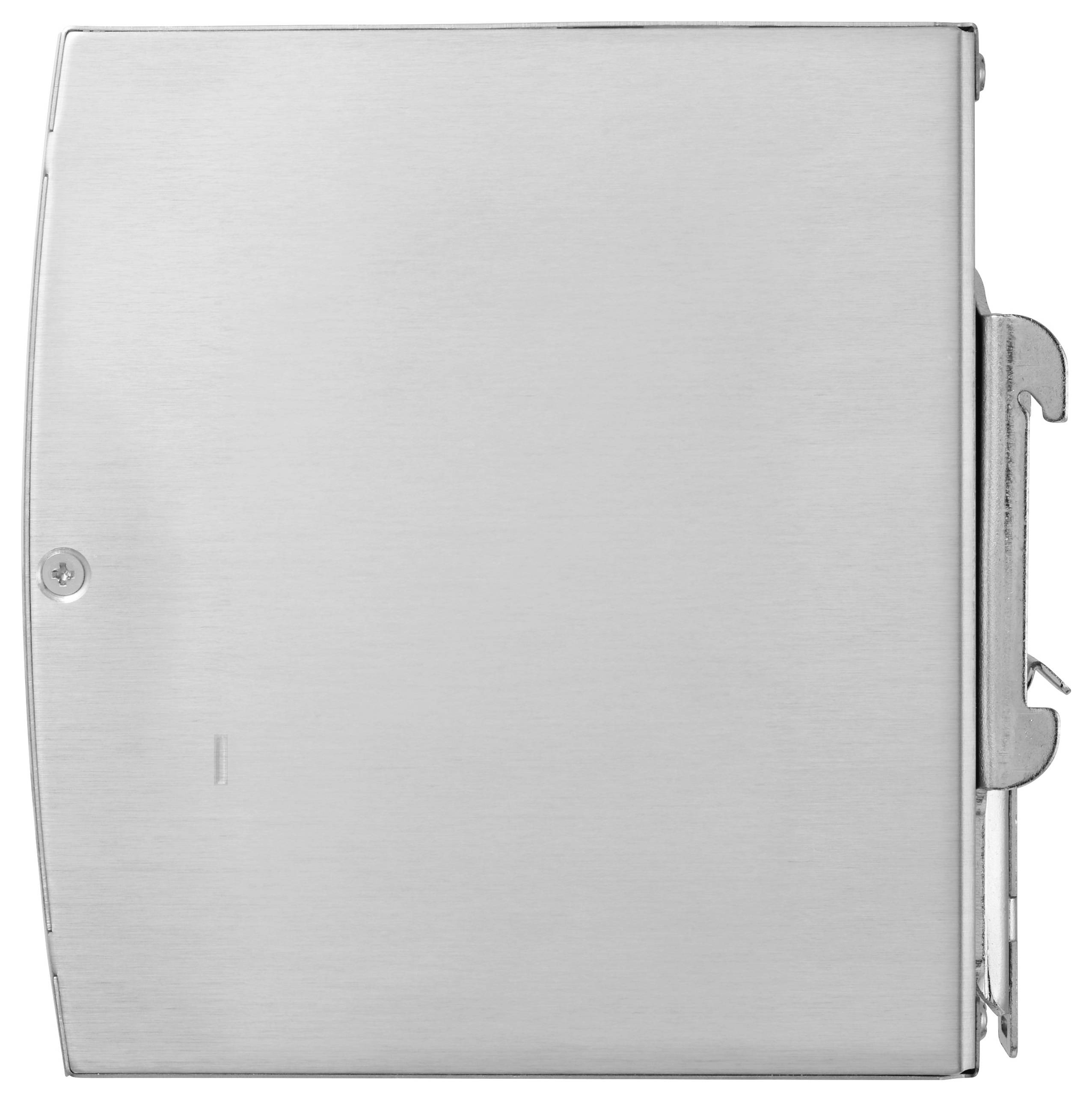 'Stainless steel dispenser with a side lock, designed for holding and dispensing paper towels.'