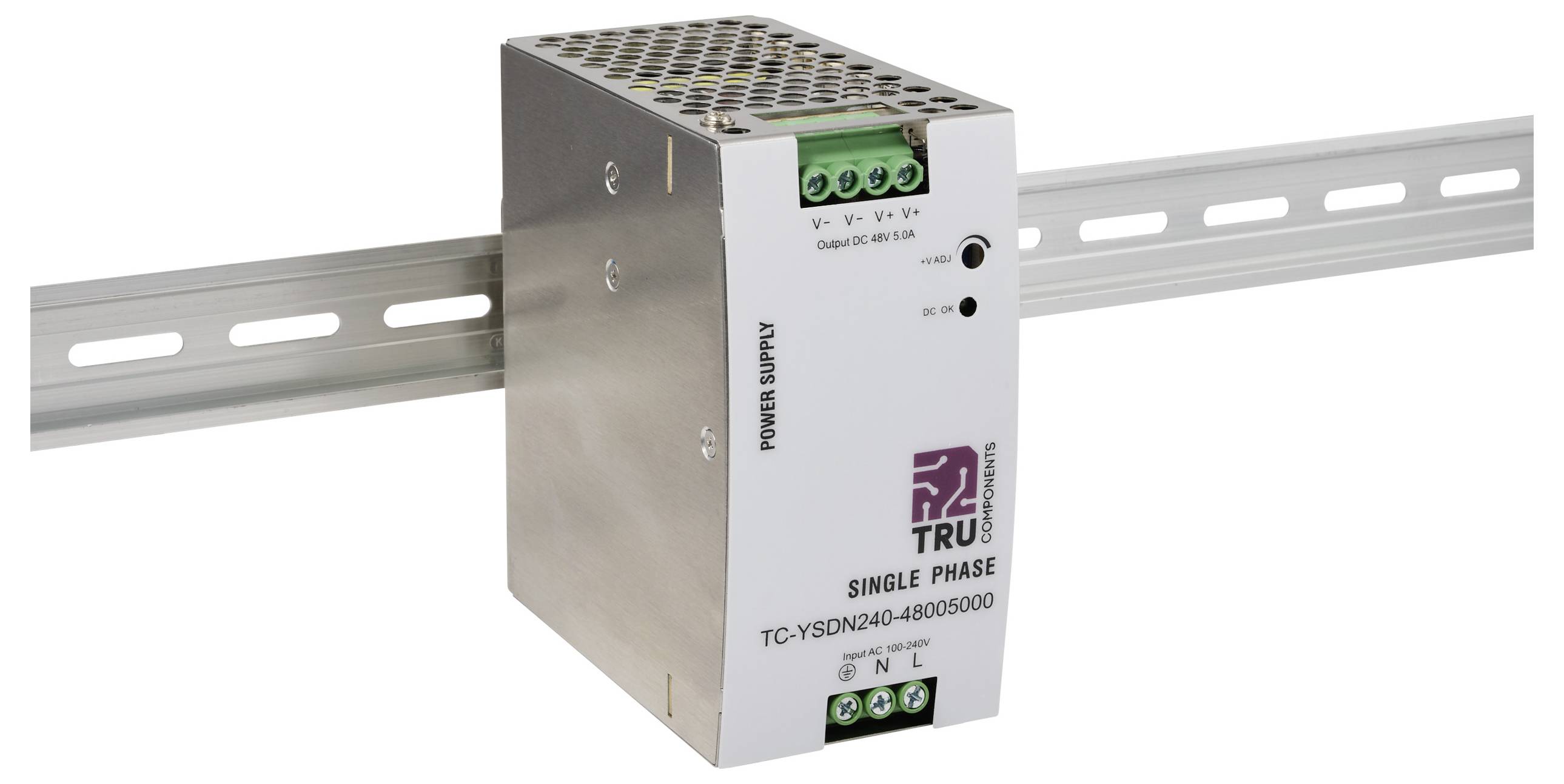 A single-phase power supply module mounted on a metal rail, with connection terminals and company logo on its side.