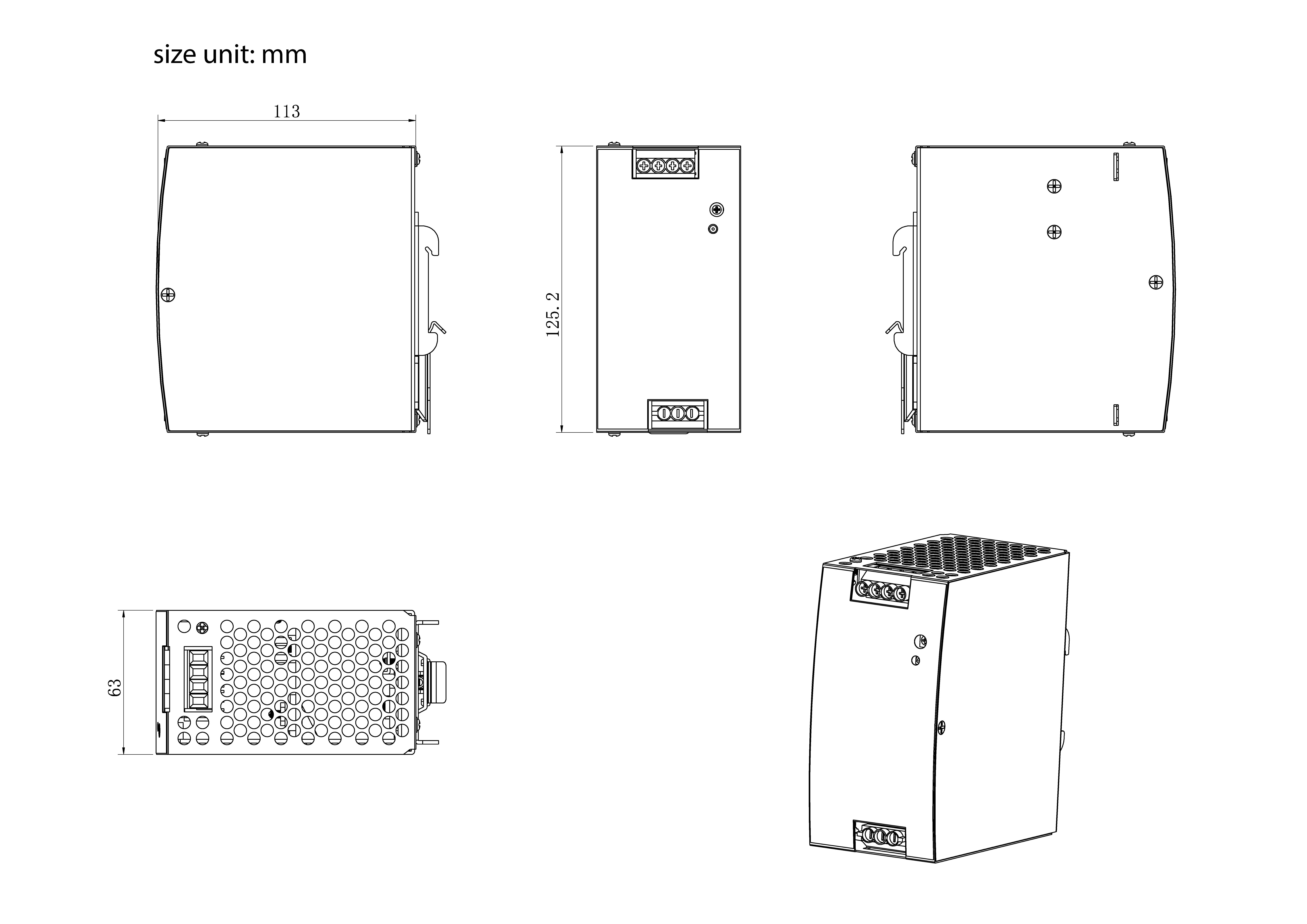 'Diagram of a device from multiple angles with dimensions in millimeters, highlighting a front view, side view, top view, and detailed bottom perspective.'